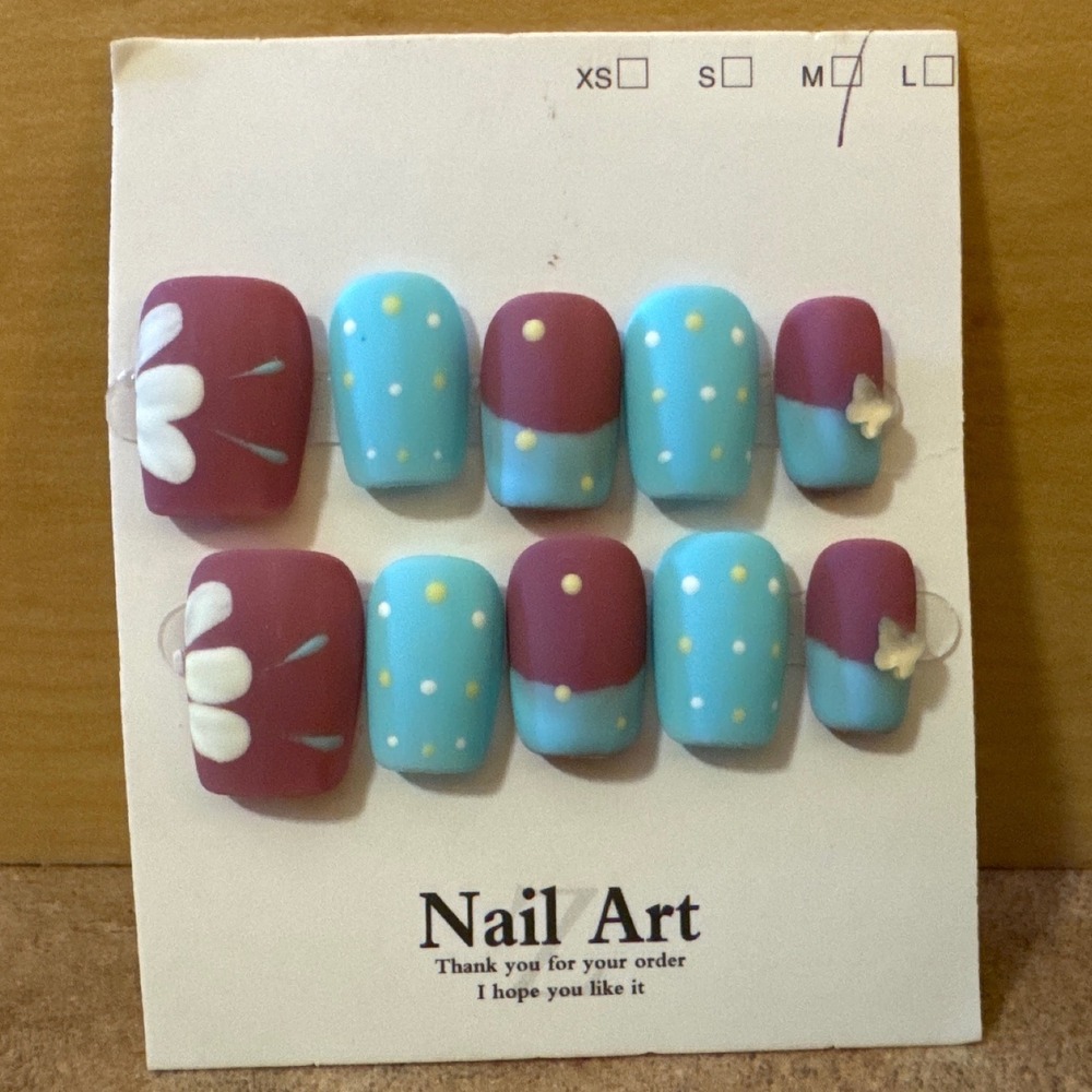 Matte Floral Polka Dot Press On Nails Maroon Blue Medium‎ Square Oval Set